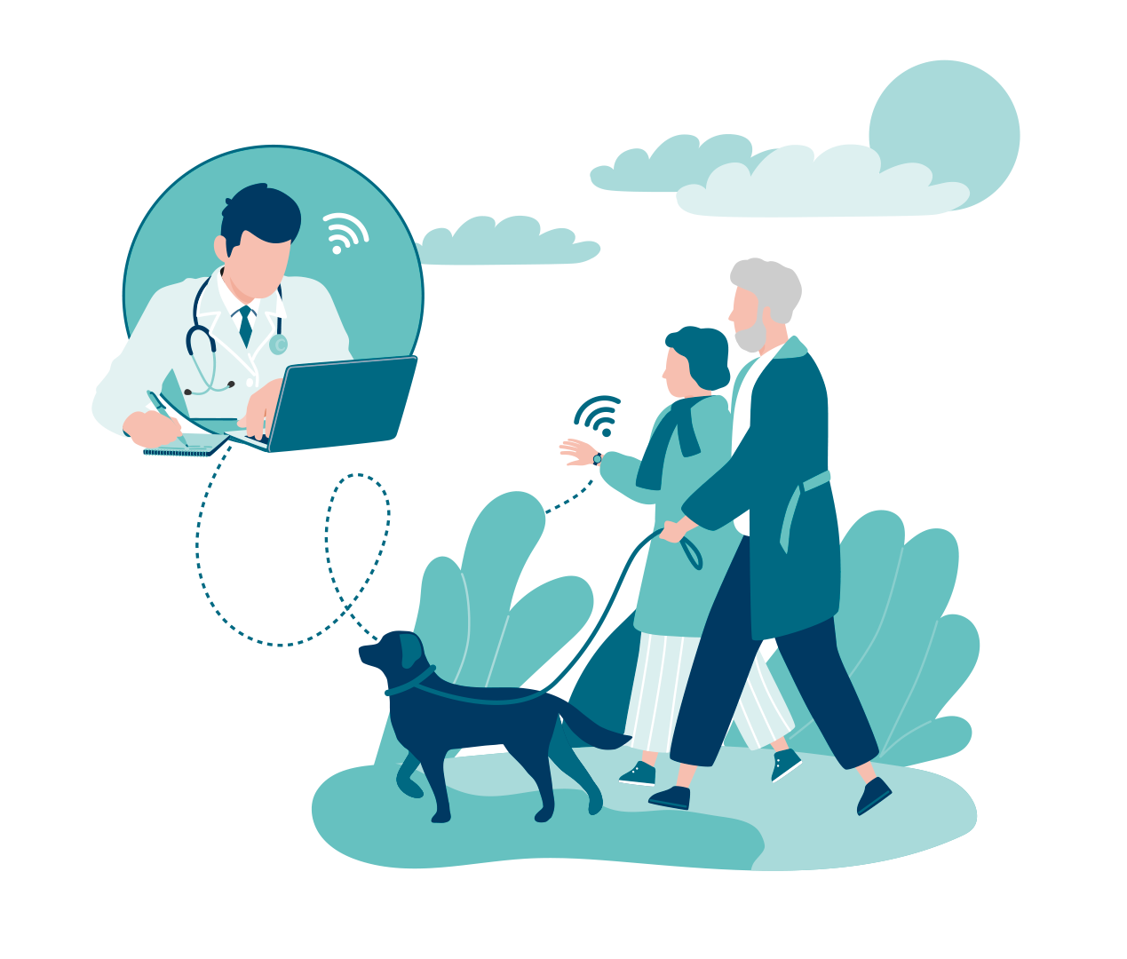 Illustration of elderly couple walking with dog while woman's smartwatch is sending health data to a doctor