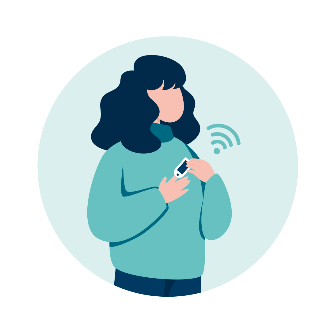 Illustratation of a woman using a pulse oximeter on her fingertip with the bluetooth sending signal